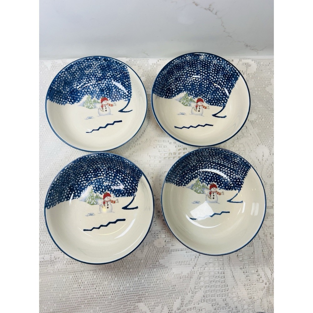 Thomson Pottery Snowman Bowls Winter Christmas Blue White Vintage Set of 4 - Picture 4 of 6